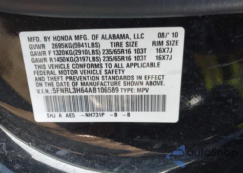 2010 Honda Odyssey Ex-L z USA, uszkodzony, nr VIN 5FNRL3H64AB106589